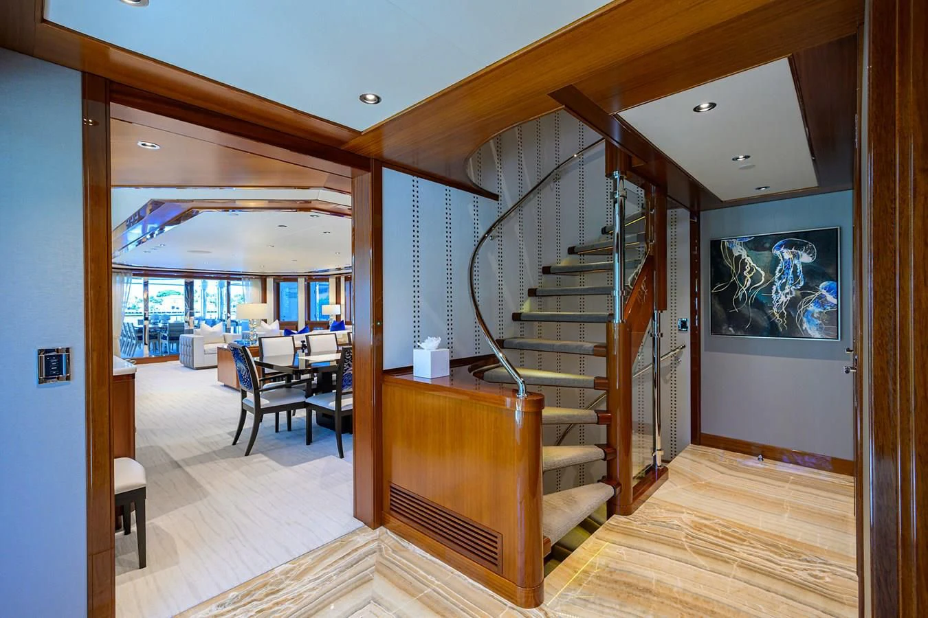 a wooden staircase in a house aboard NEENAH Yacht for Charter