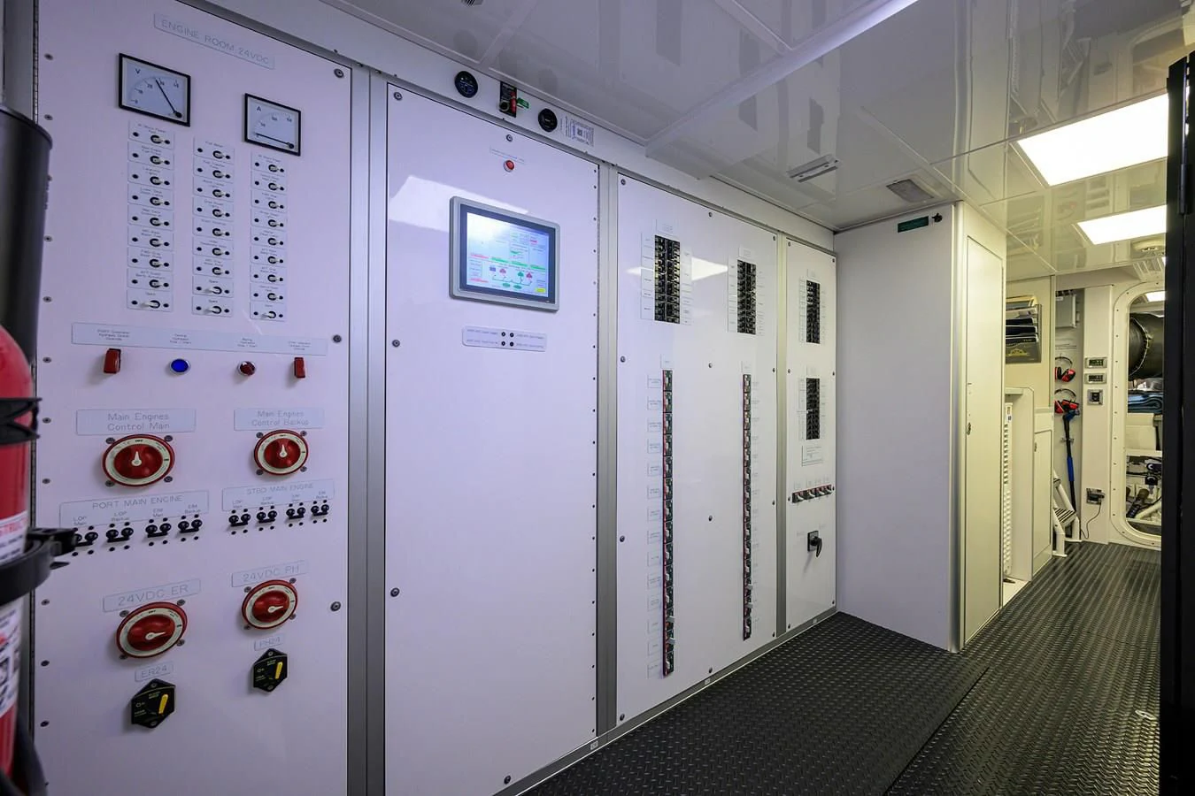 a hallway with a row of lockers aboard NEENAH Yacht for Charter