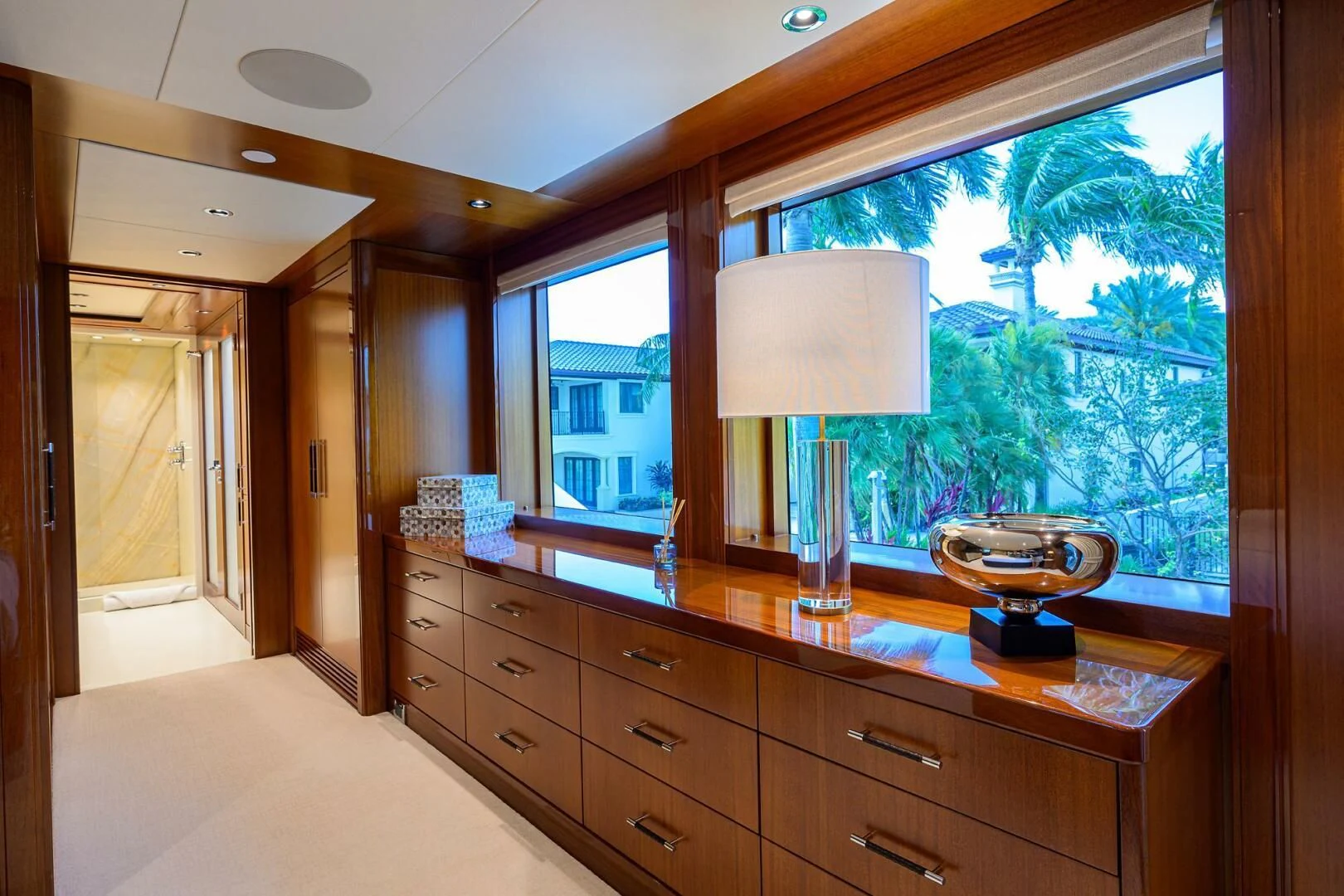 a kitchen with a large window aboard NEENAH Yacht for Charter