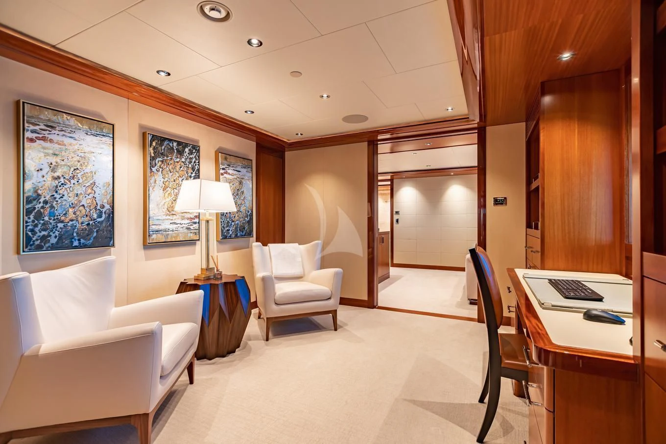 a room with a couch and a table and chairs aboard NEENAH Yacht for Charter