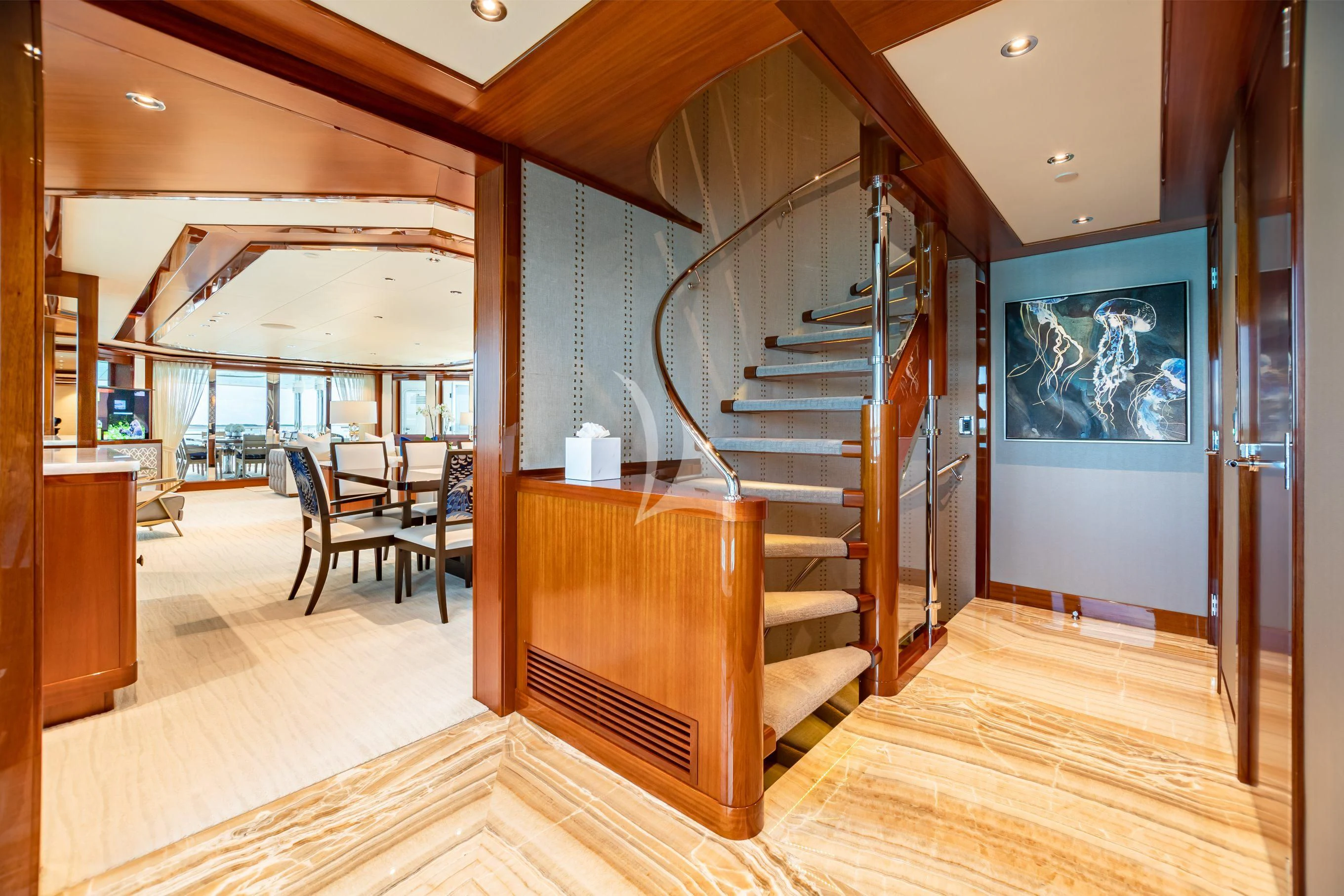 a wooden staircase in a house aboard NEENAH Yacht for Charter