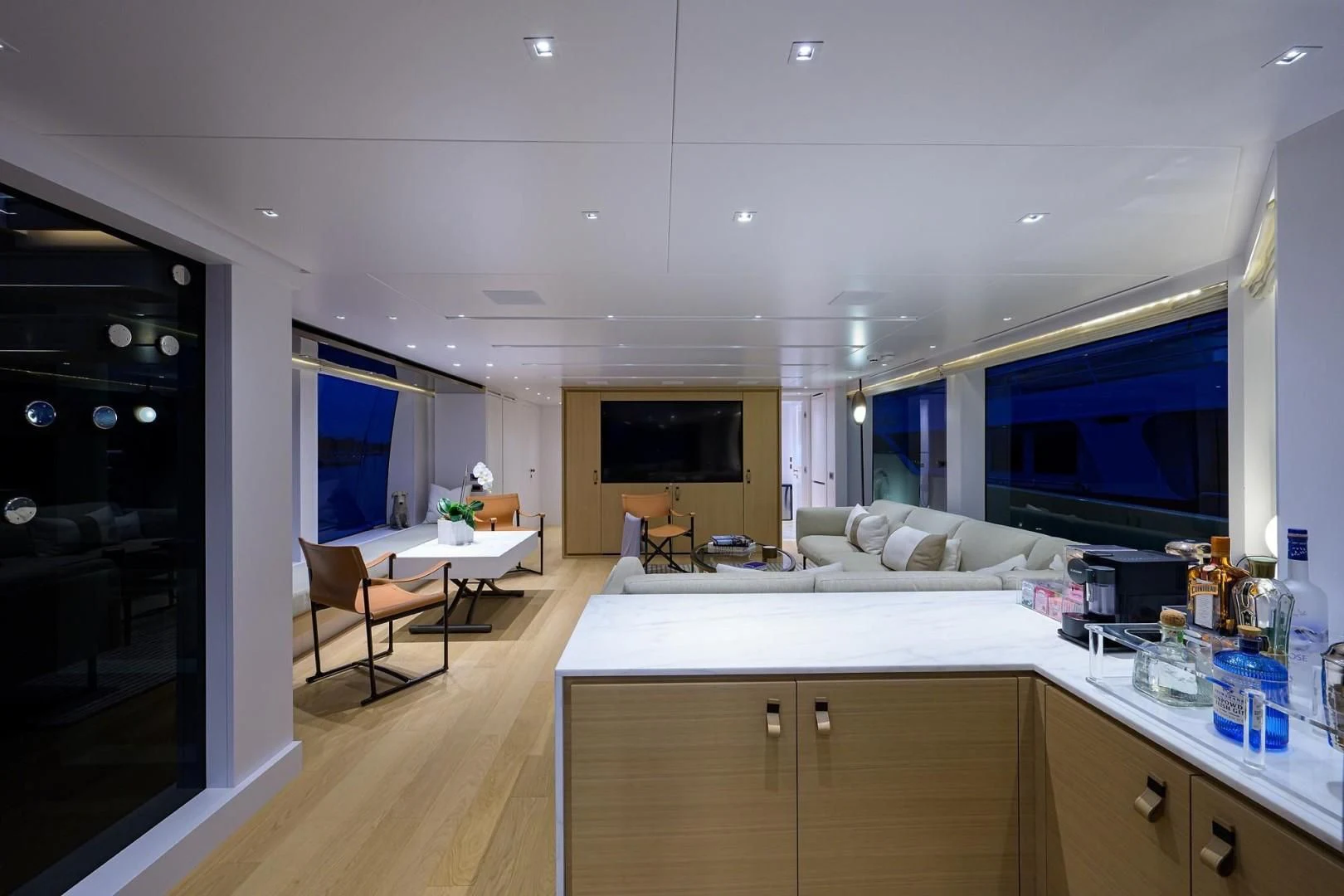 a large kitchen and living room aboard GATSBY Yacht for Charter
