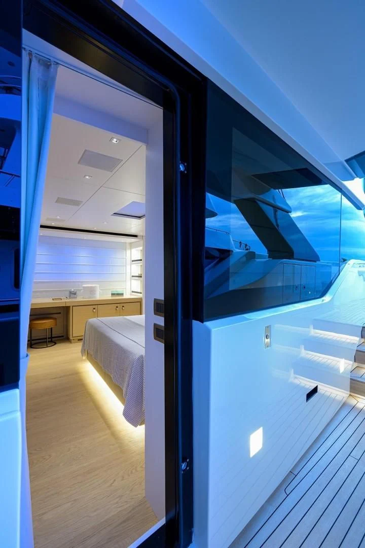 a room with a large window aboard GATSBY Yacht for Charter