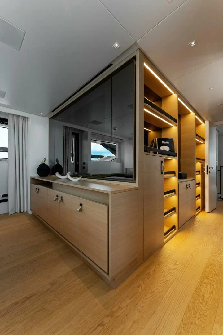 a room with a large tv aboard GATSBY Yacht for Charter