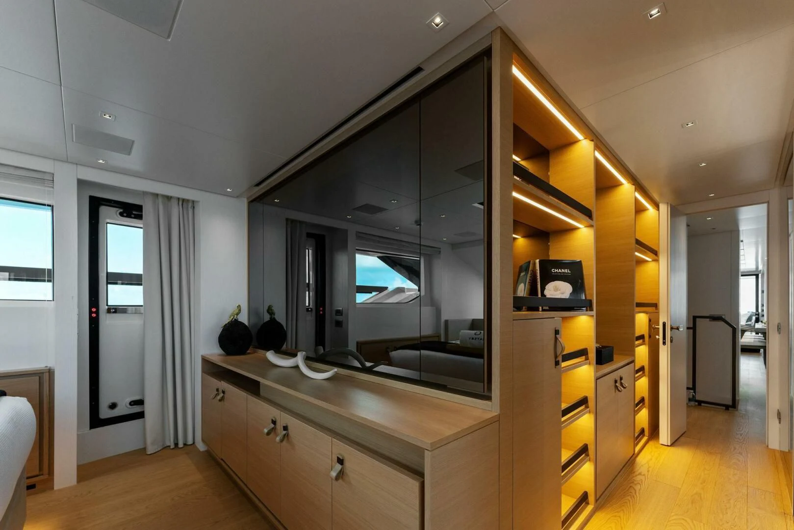 a kitchen with a large mirror aboard GATSBY Yacht for Charter