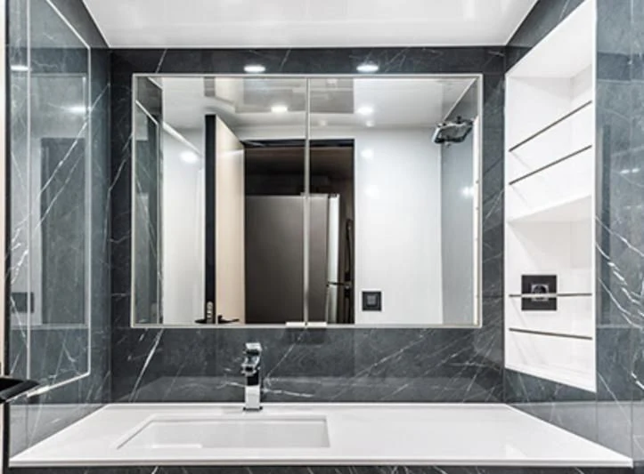 a bathroom with a large mirror aboard PANGAEA Yacht for Sale