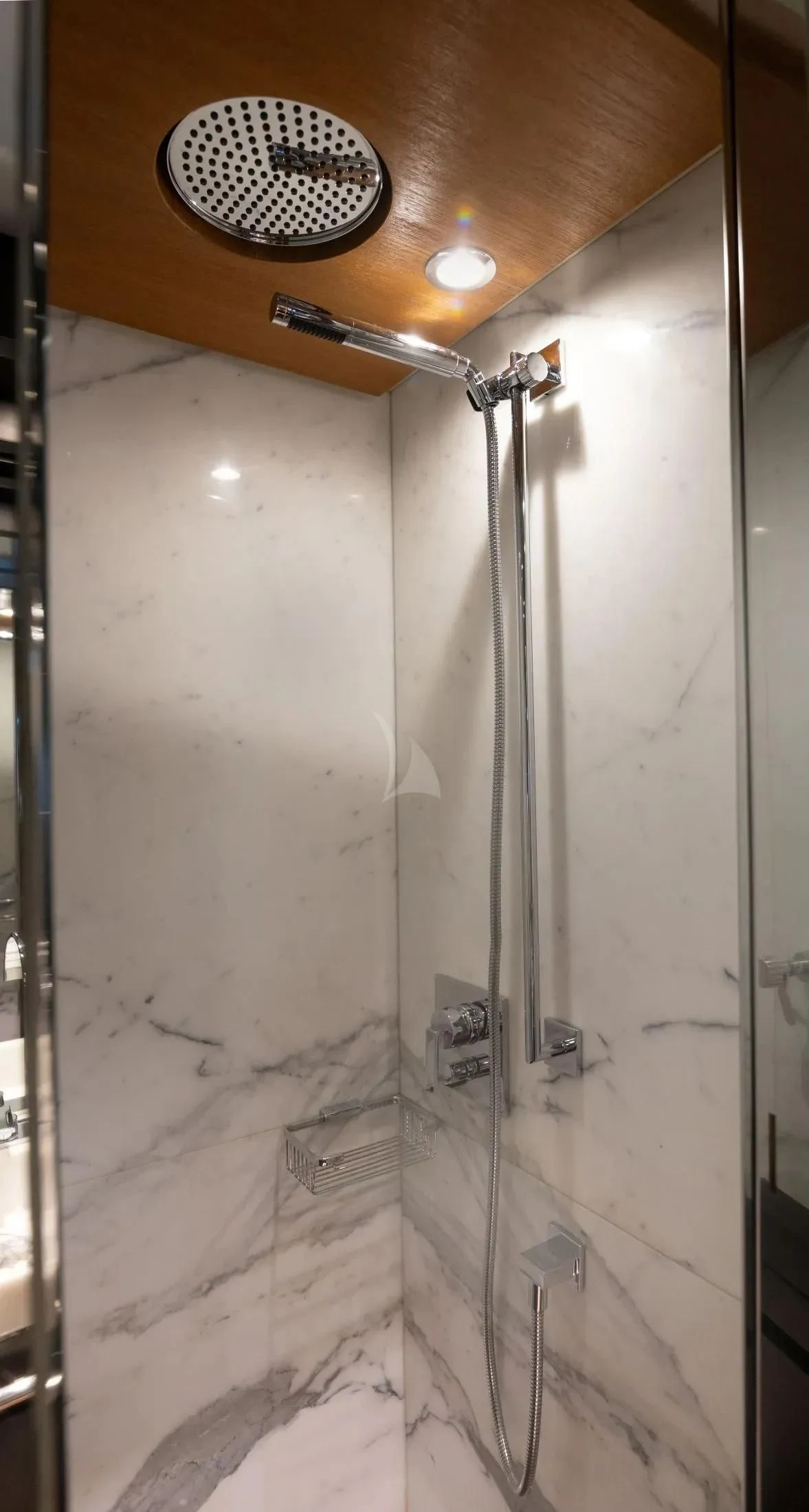 a shower with a glass door aboard MAC Yacht for Sale