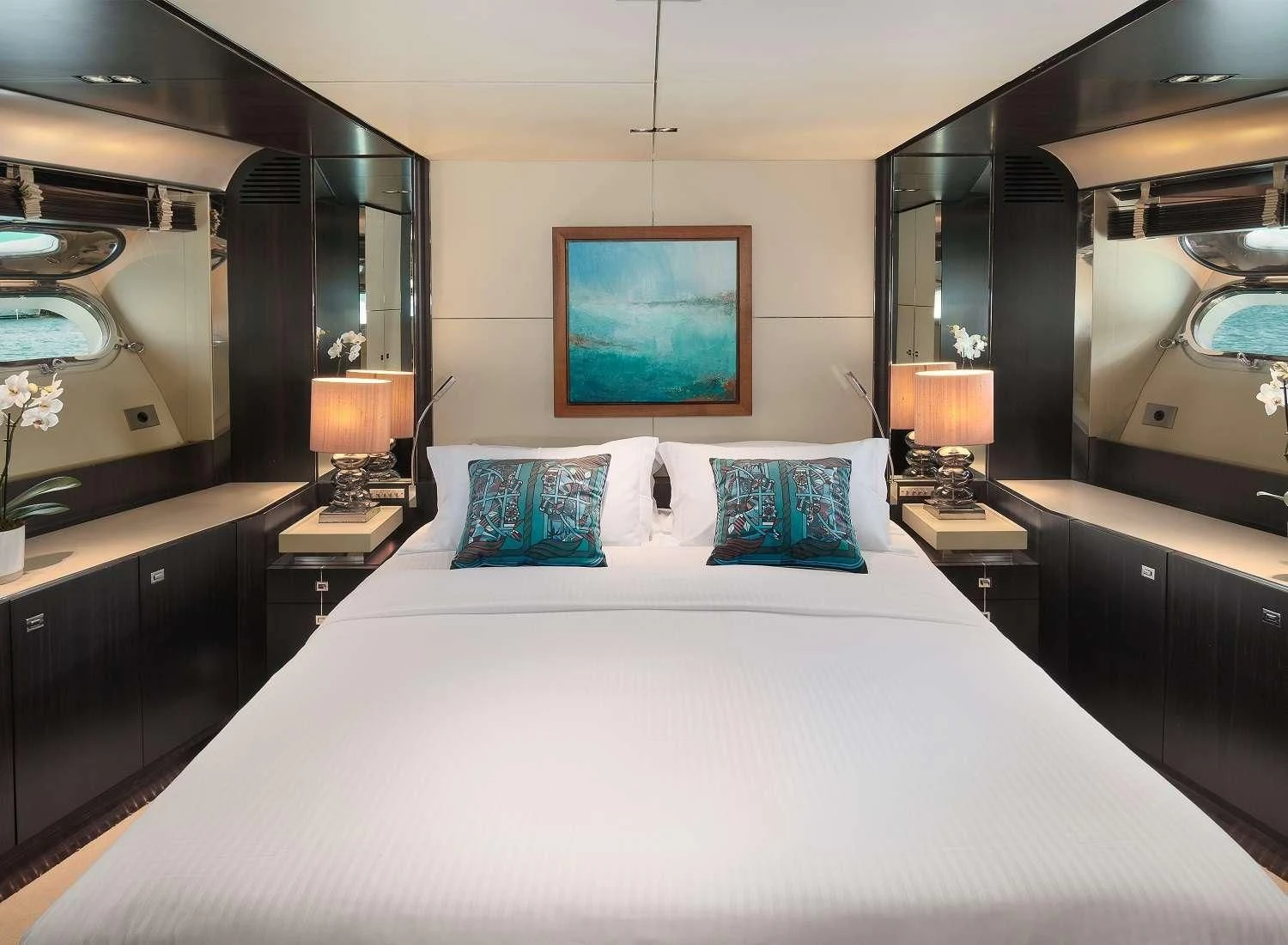 a large bed in a hotel room aboard MAC Yacht for Sale