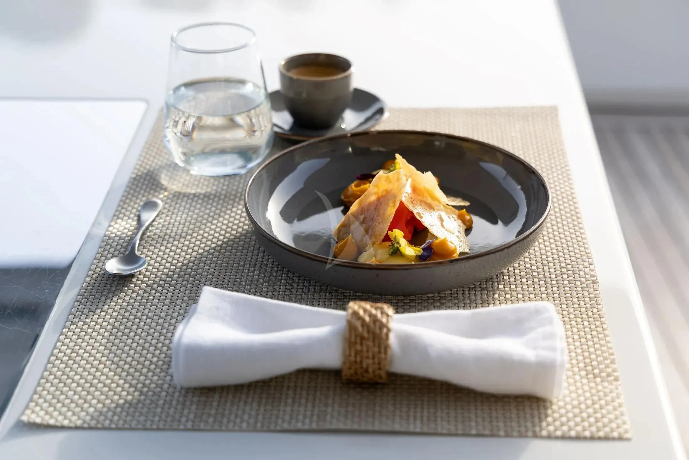a bowl of food and a glass of water on a tray aboard MAC Yacht for Sale