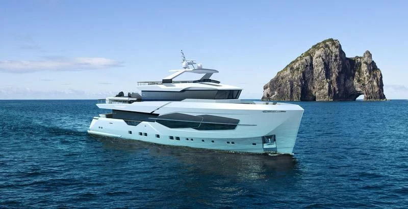 a white yacht in the water aboard Q.M Yacht for Sale