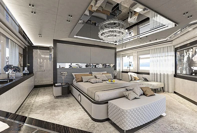 a large bedroom with a large bed aboard ALAIA Yacht for Sale