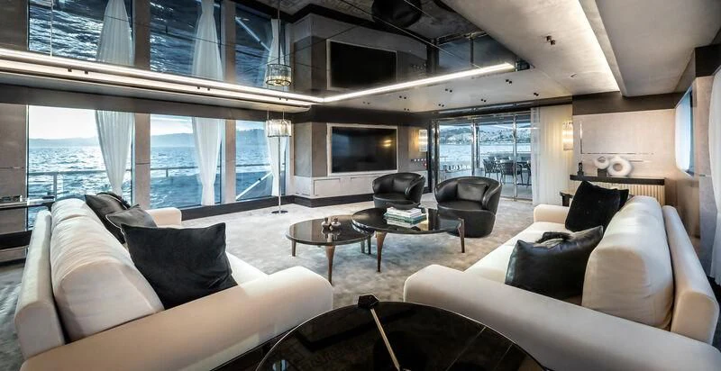 a living room with a large window aboard ALAIA Yacht for Sale