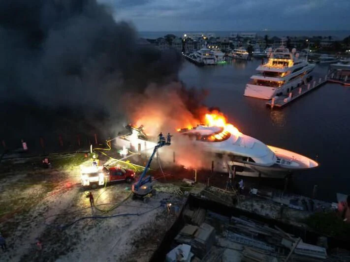 a large fire at a port aboard CHANSON Yacht for Sale