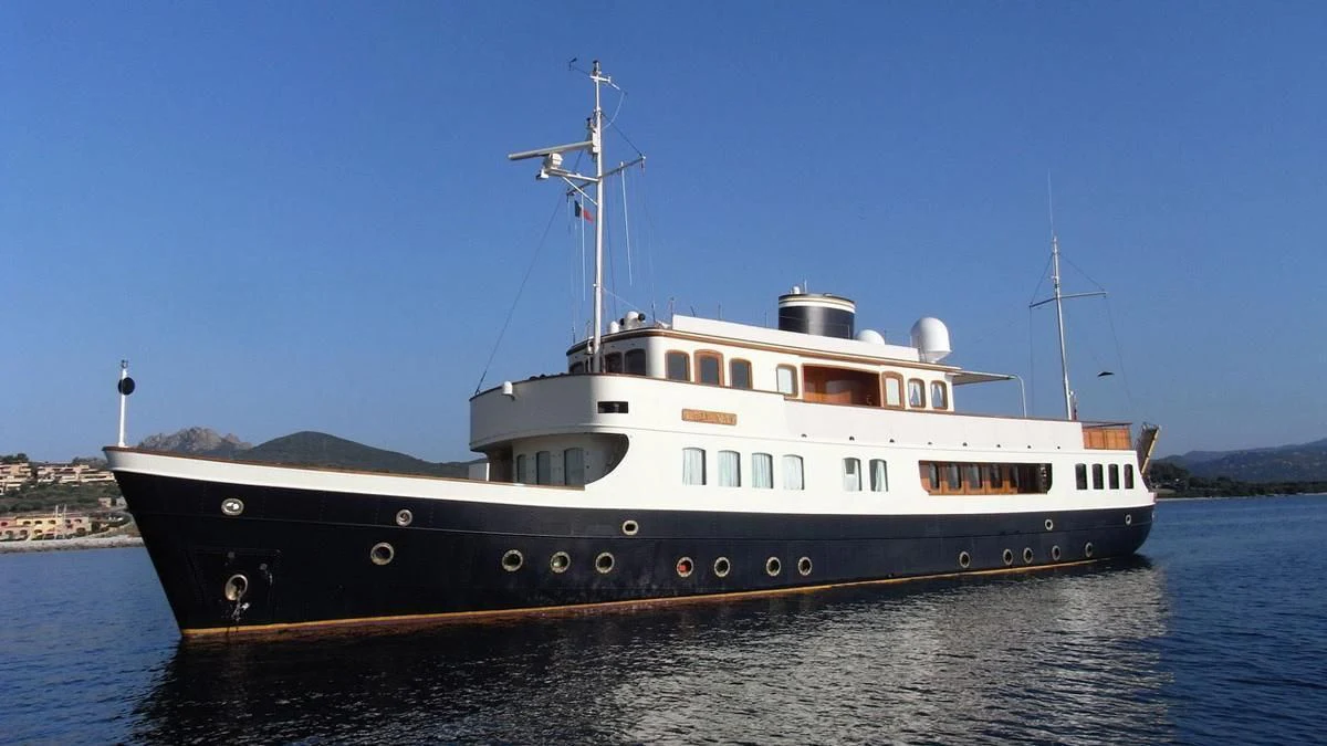 a large white boat aboard LADY MAY OF GLANDORE Yacht for Sale