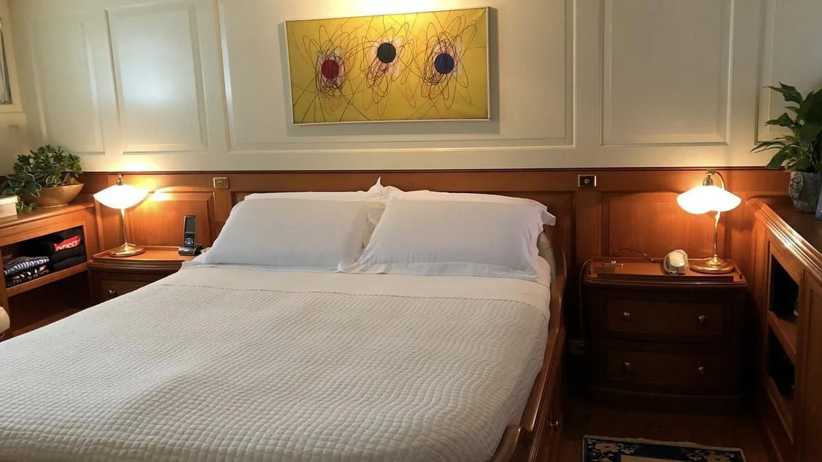a bed with white sheets and pillows aboard LADY MAY OF GLANDORE Yacht for Sale