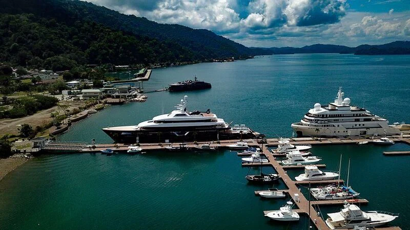 a group of boats on a dock aboard VOYAGER Yacht for Sale