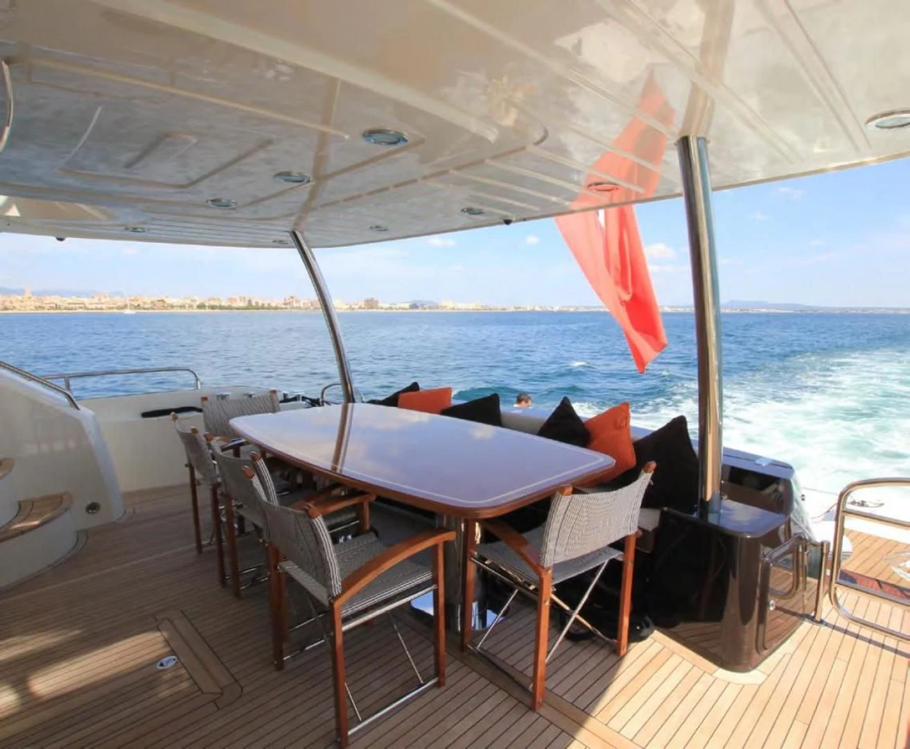 a table and chairs on a deck overlooking a body of water aboard ABRAHAM M Yacht for Sale