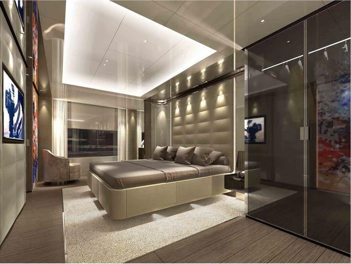 a living room with a large glass wall aboard FUNNY Yacht for Sale