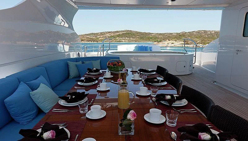 a table with plates and food on it aboard R JUNIORS Yacht for Sale