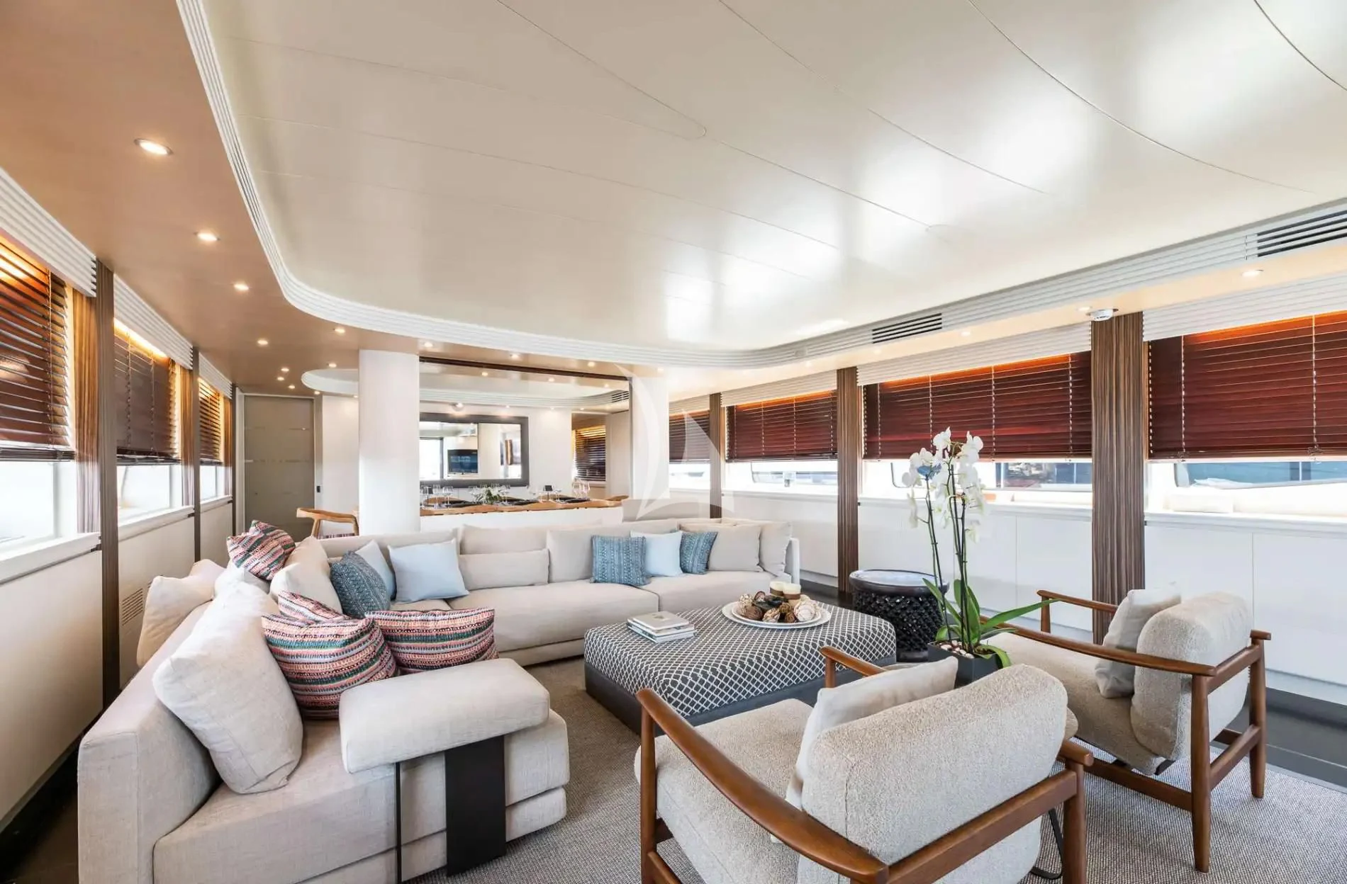 a living room with a large window aboard PAREAKI II Yacht for Sale