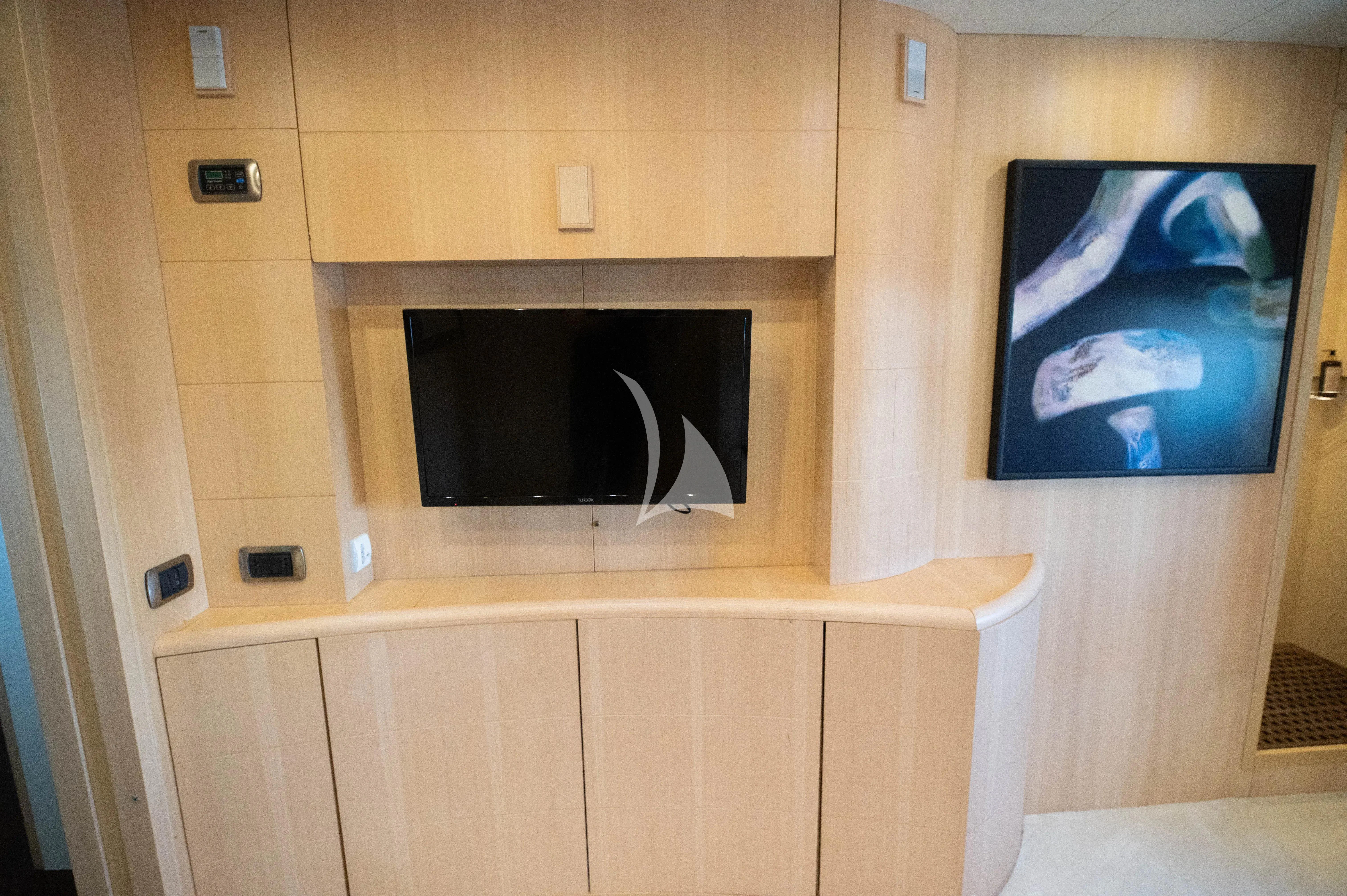 a tv on a wall aboard PAREAKI II Yacht for Sale