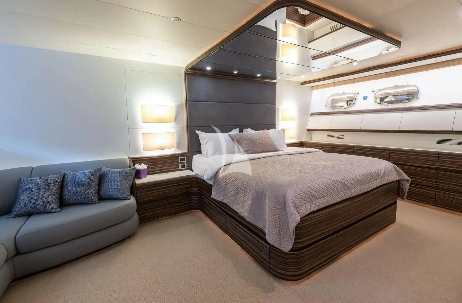 a bed in a room aboard PAREAKI II Yacht for Sale