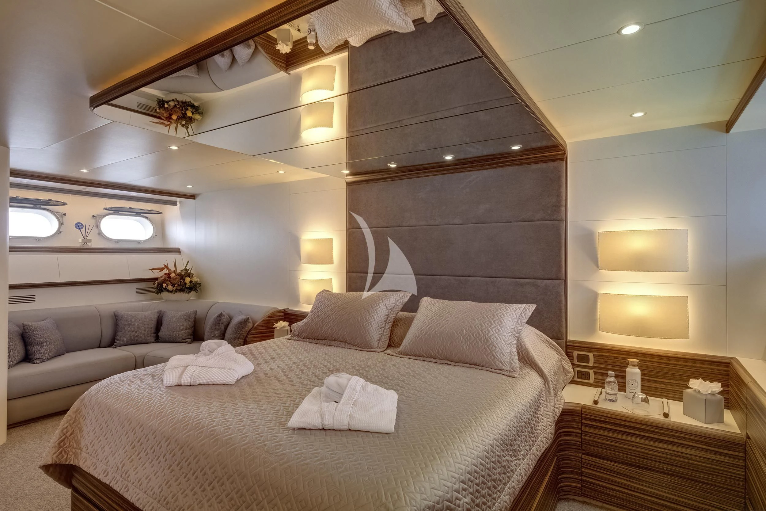 a large bed in a room aboard PAREAKI II Yacht for Sale