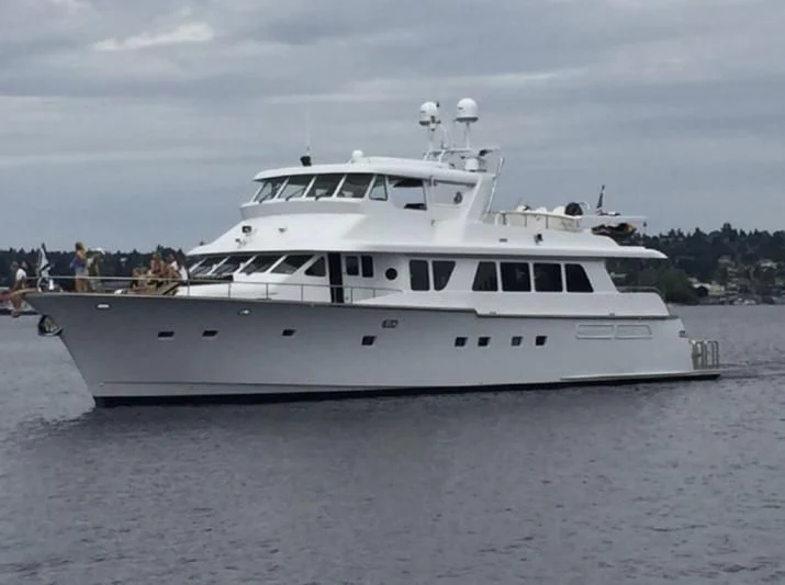 a white boat with people on it aboard HER IDEA Yacht for Sale