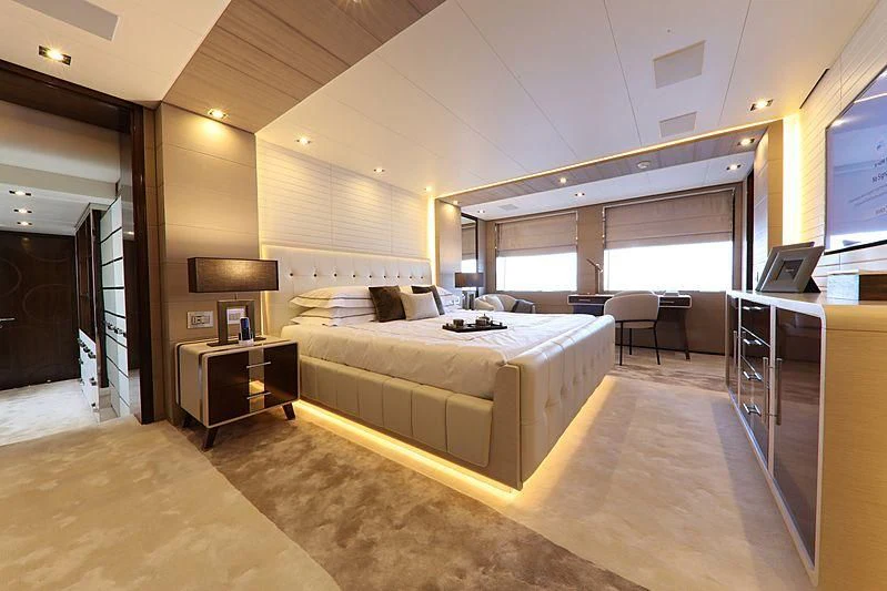a large bedroom with a large bed aboard MONT-AL LAWZ Yacht for Sale