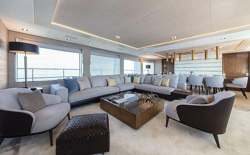 a living room with a large window aboard MONT-AL LAWZ Yacht for Sale