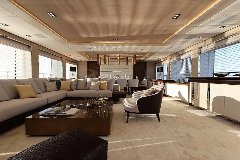 a living room with a couch and a coffee table aboard MONT-AL LAWZ Yacht for Sale