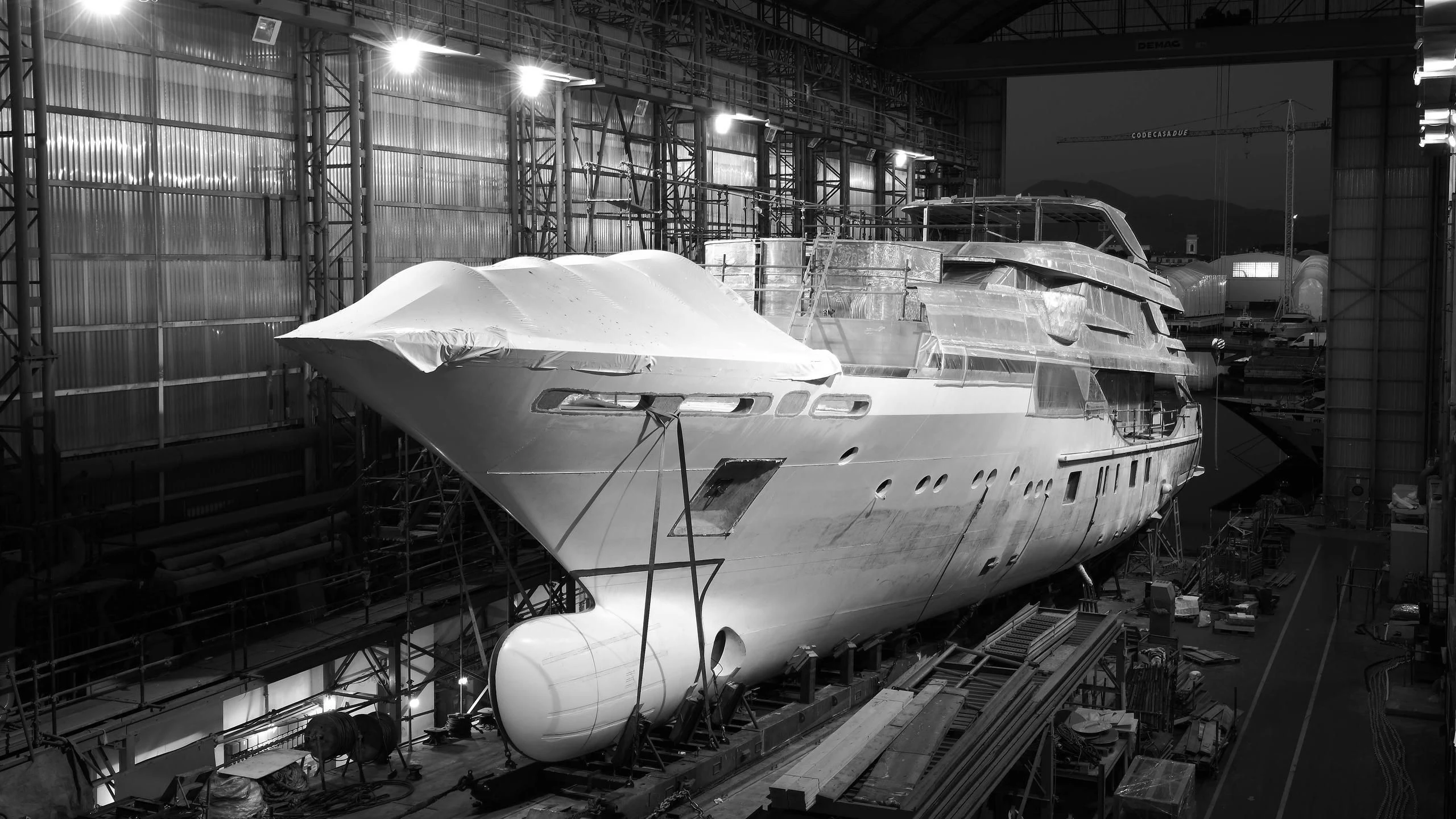 a large space shuttle in a warehouse aboard MONT-AL LAWZ Yacht for Sale