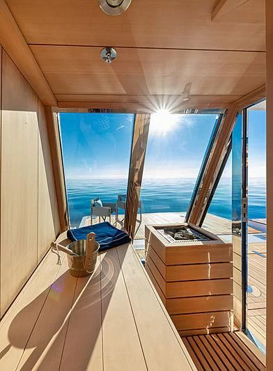 a room with a view of the ocean and the sun aboard MONT-AL LAWZ Yacht for Sale