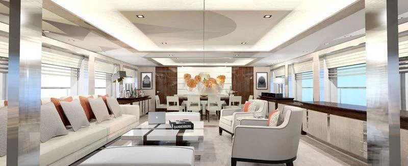 a living room with a large window aboard MONT-AL LAWZ Yacht for Sale