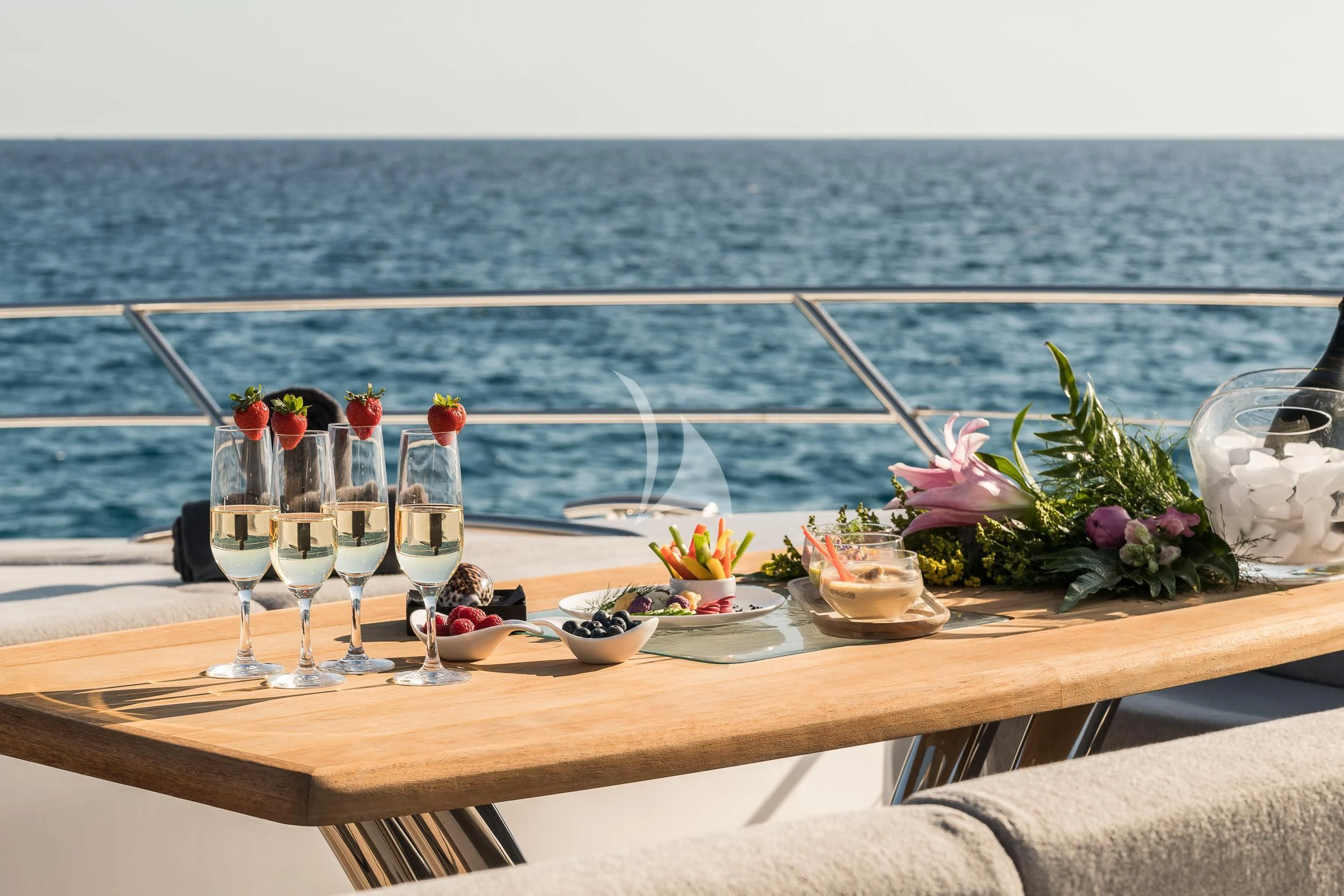 a table with wine glasses and food on it aboard SEAWATER Yacht for Sale