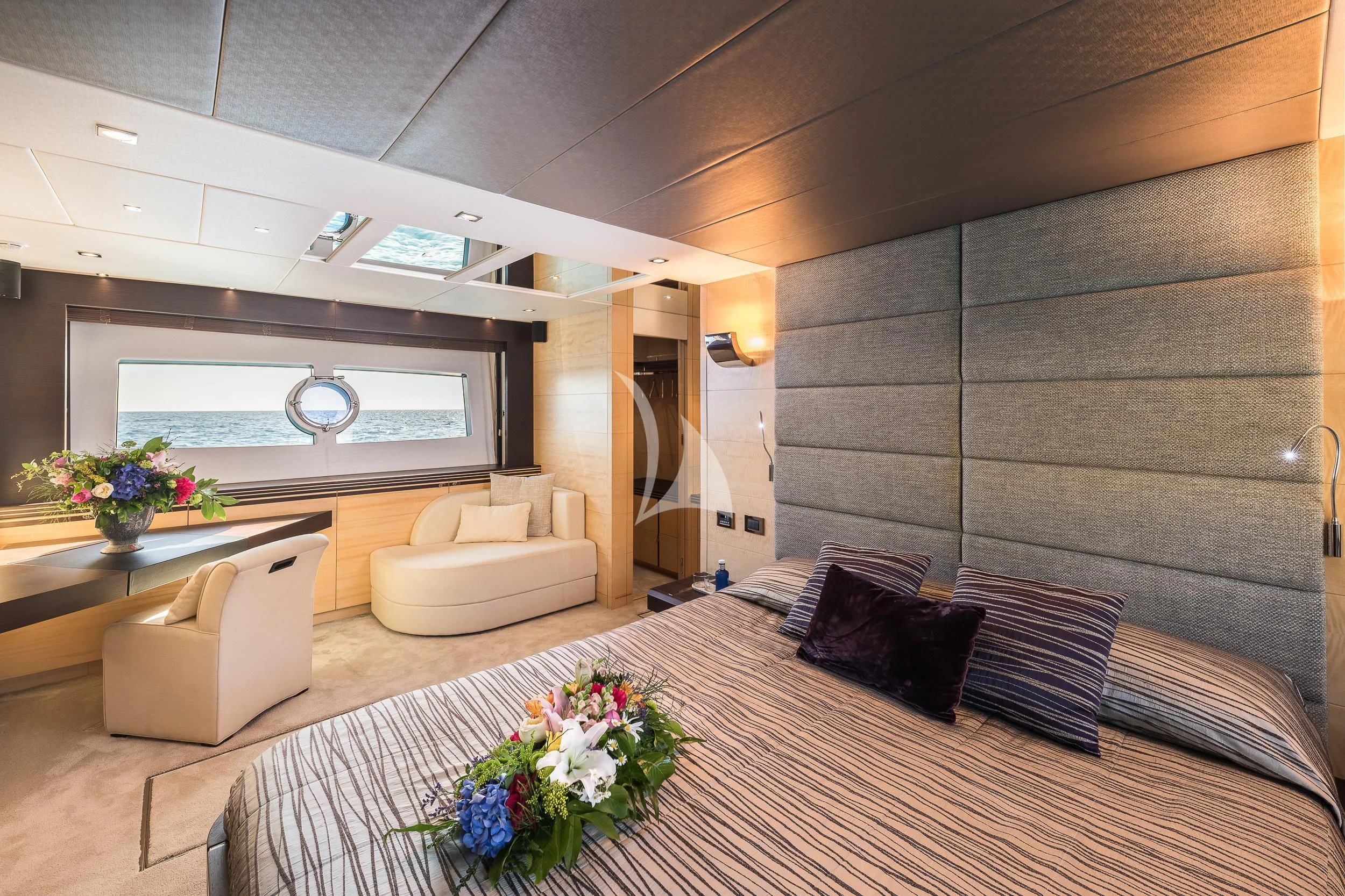 a living room with a large rug aboard SEAWATER Yacht for Sale