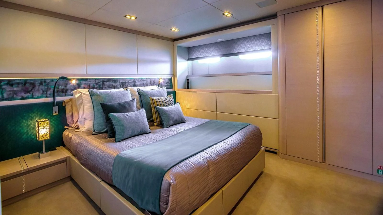 a bed in a room aboard QUEEN ALLA Yacht for Sale