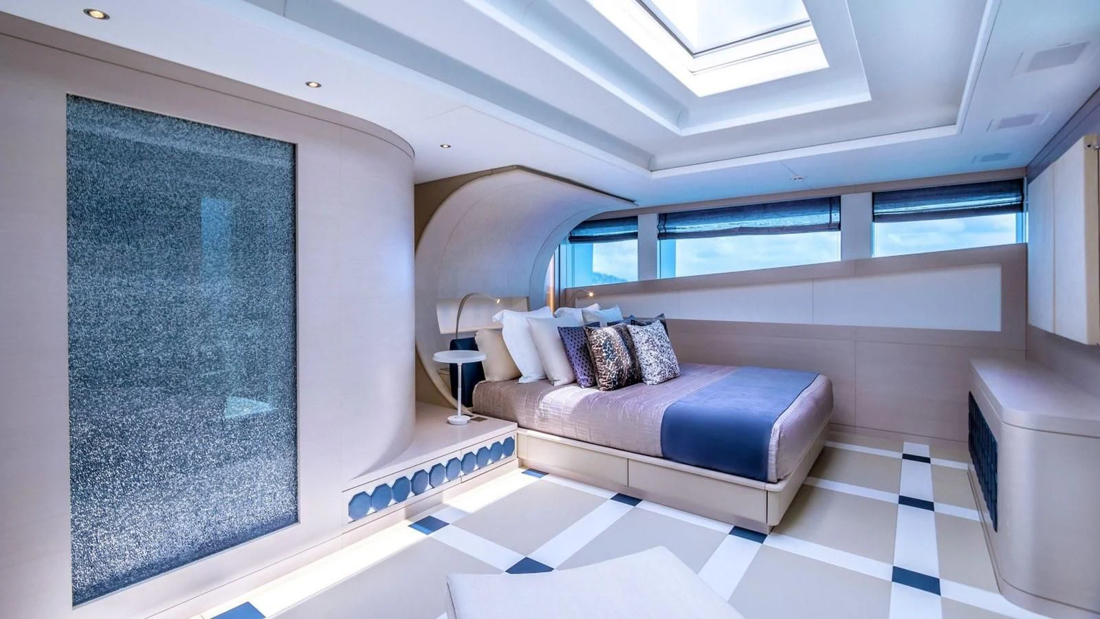 a room with a bed and a large mirror aboard QUEEN ALLA Yacht for Sale
