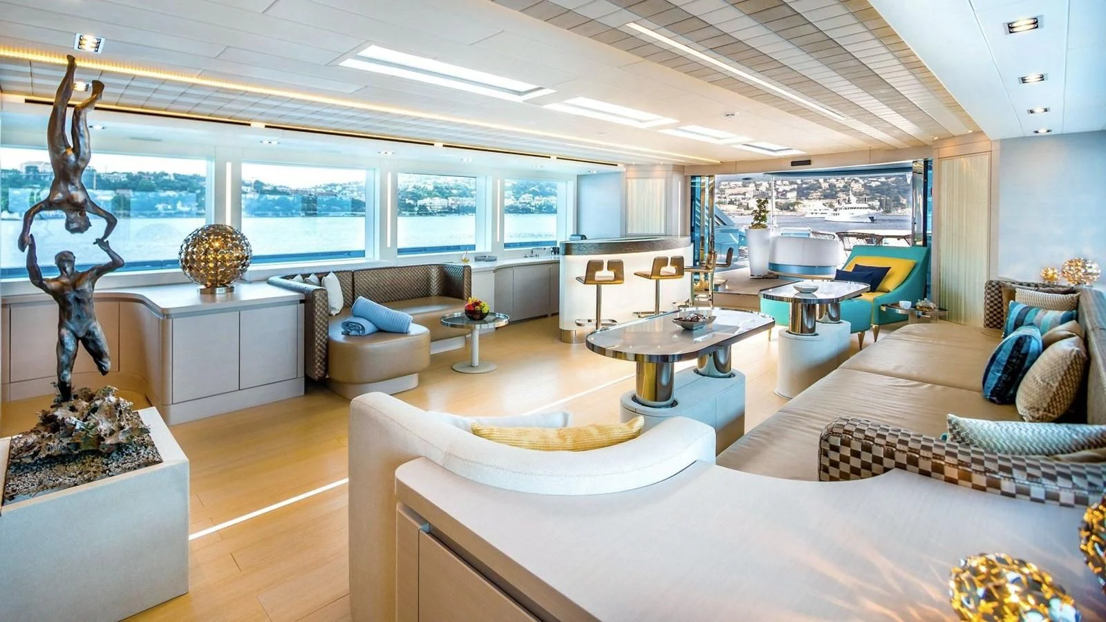 a living room with a large window aboard QUEEN ALLA Yacht for Sale