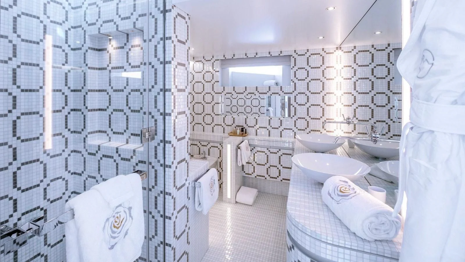 a bathroom with a white shower curtain aboard QUEEN ALLA Yacht for Sale