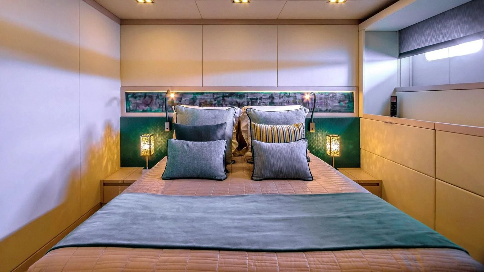 a bed with pillows aboard QUEEN ALLA Yacht for Sale