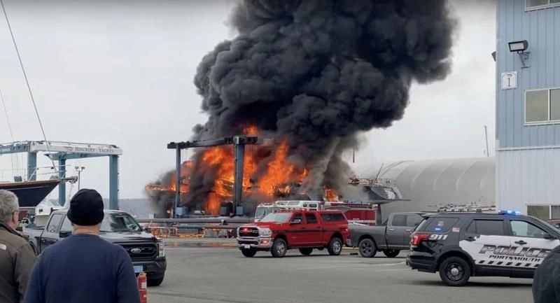a large fire on a building aboard DRINKABILITY Yacht for Sale