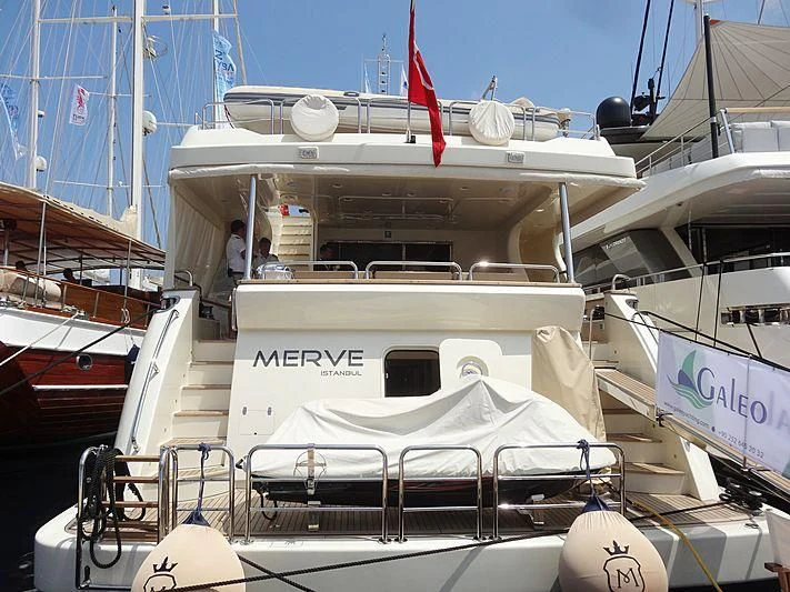 a boat with a flag on the front aboard COSMOS LUNA Yacht for Sale
