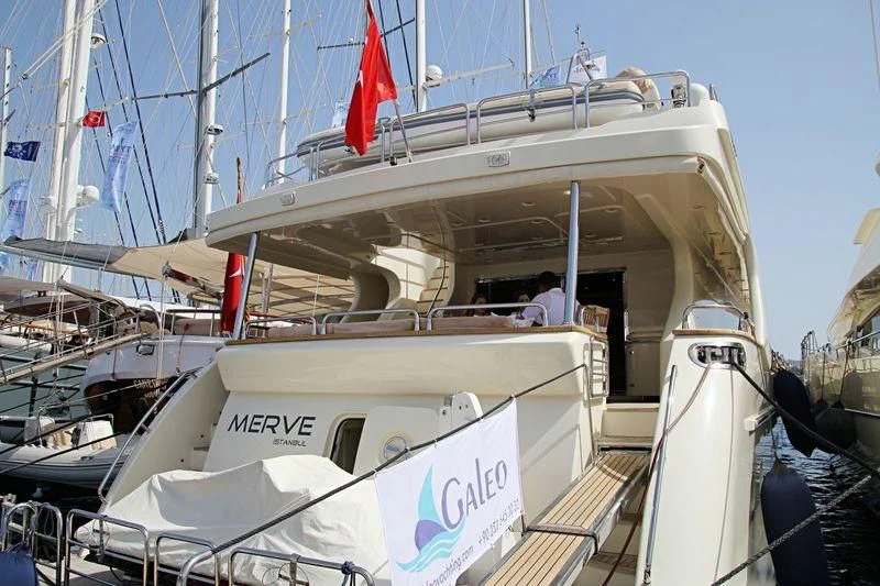 a boat with a flag on the front aboard COSMOS LUNA Yacht for Sale