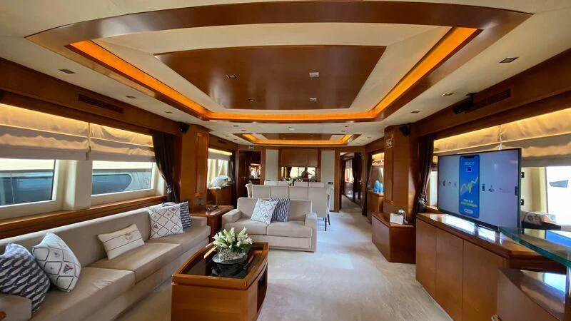 a living room with a large screen aboard COSMOS LUNA Yacht for Sale