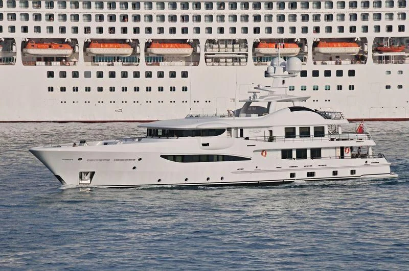a large white ship aboard LA MIRAGE Yacht for Sale