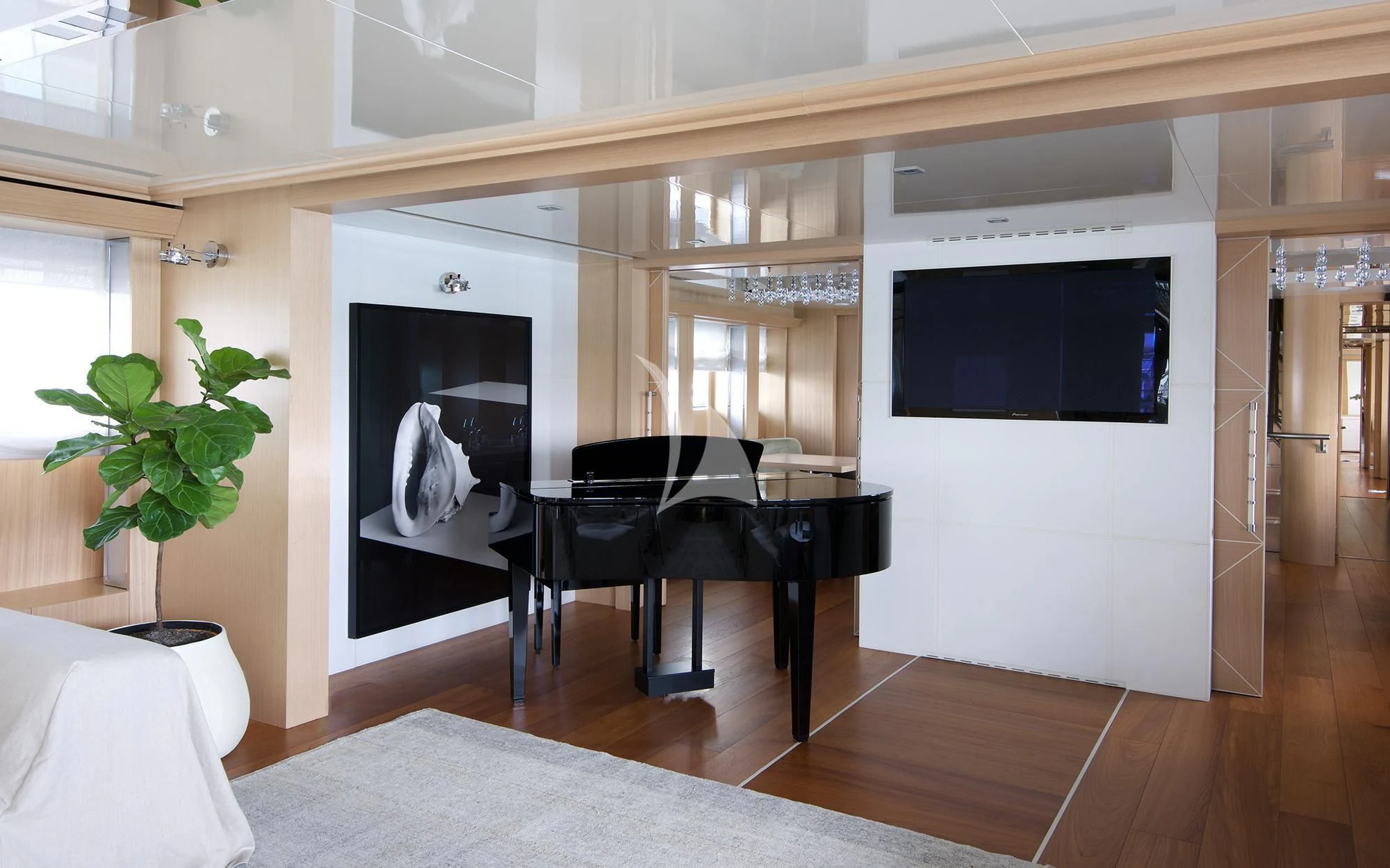 a living room with a fireplace aboard VICKY Yacht for Charter