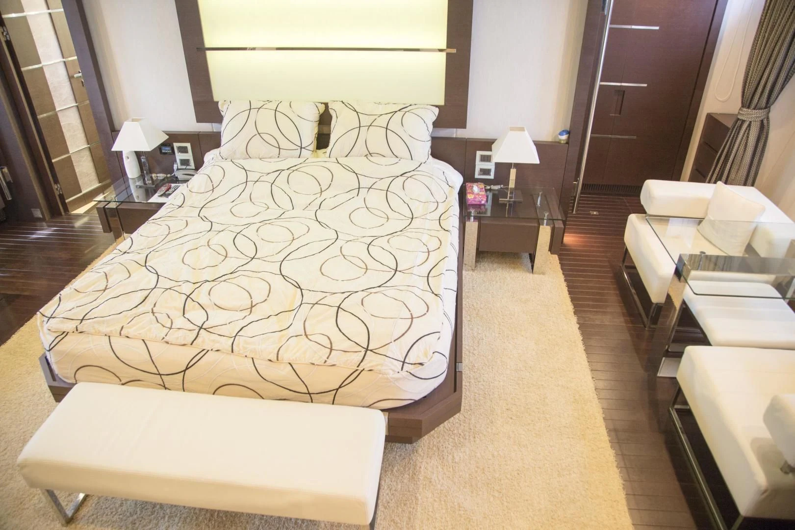 a bed in a hotel room aboard SHU SHE Yacht for Sale
