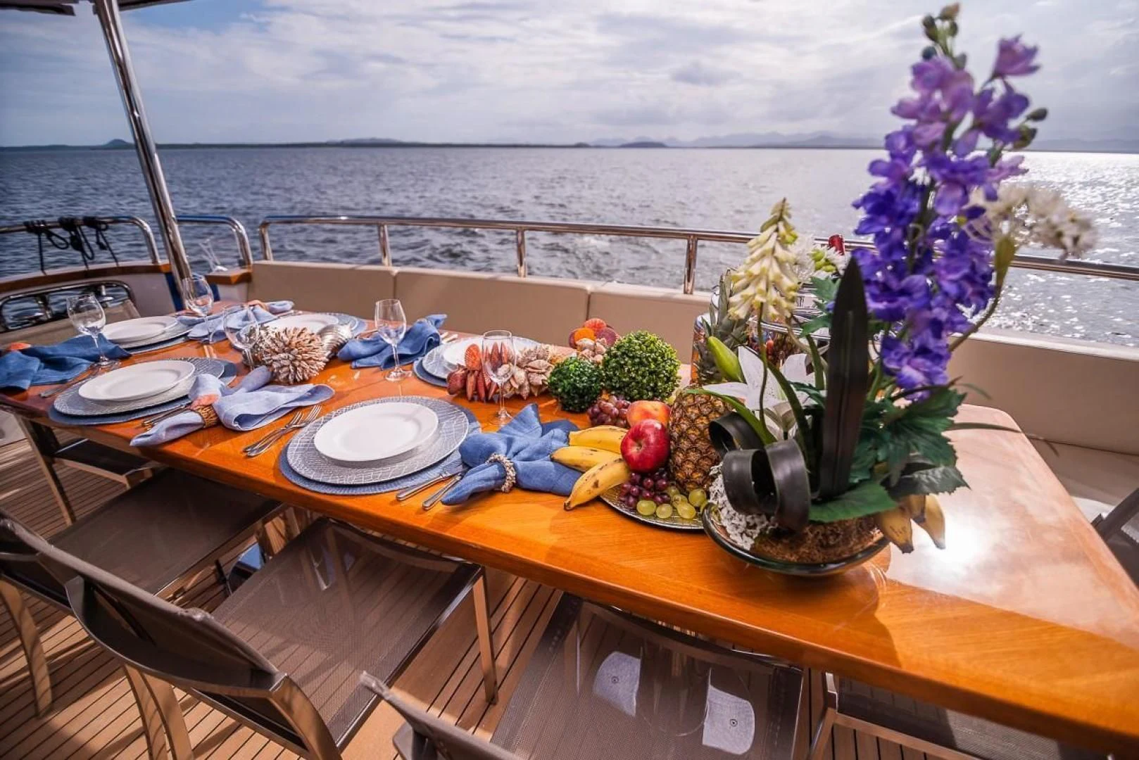 a table with food on it aboard BLUE BAY Yacht for Sale