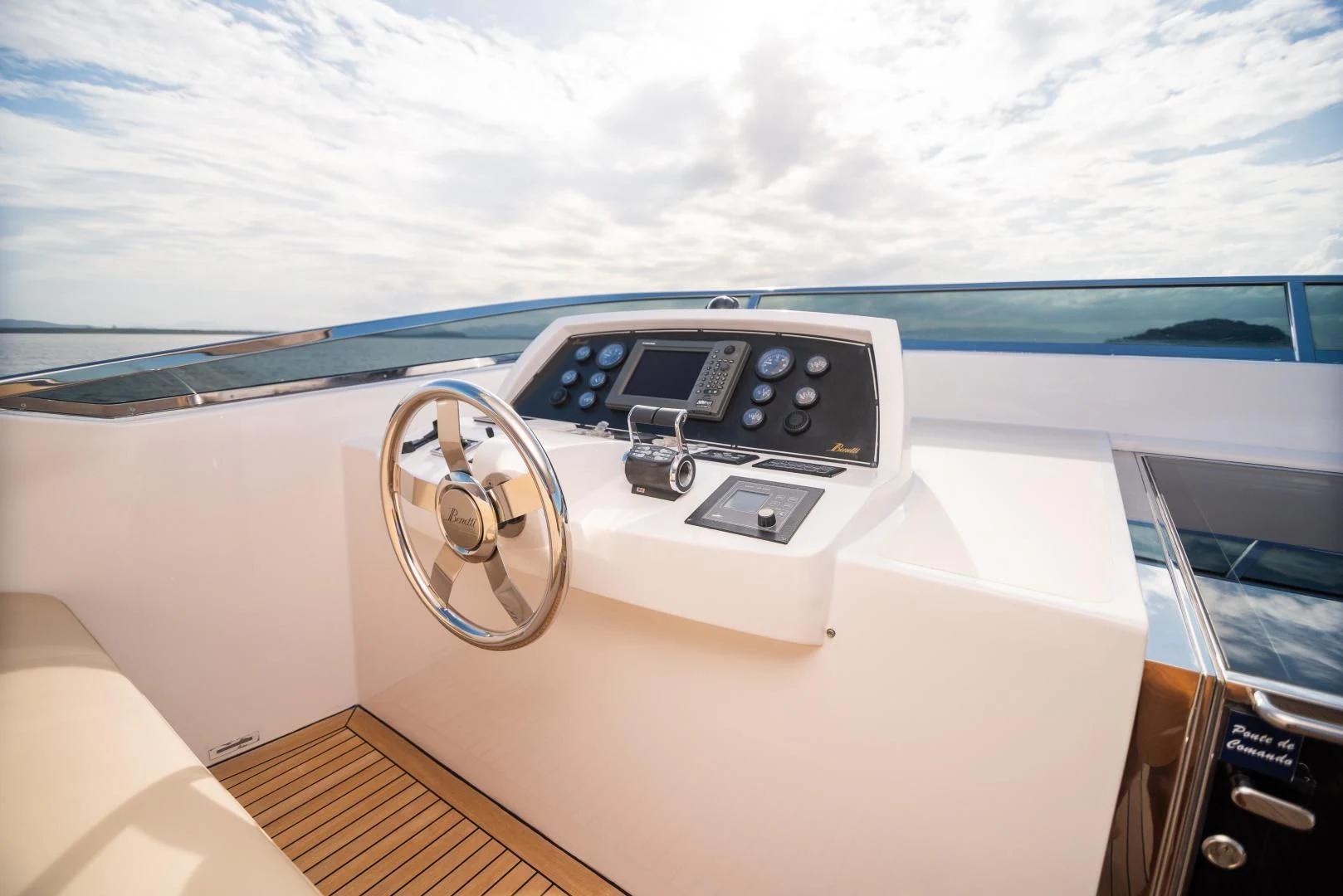 a steering wheel on a boat aboard BLUE BAY Yacht for Sale